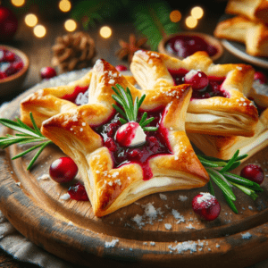 An image of Cranberry and Brie Puff Pastry Stars served on a rustic wooden board, with a festive holiday theme. The puff pastry stars are golden brown