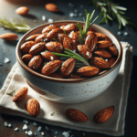 Roasted Rosemary Almonds in a white ceramic bowl on a dark stone countertop, captured in a high-quality, elegant presentation.